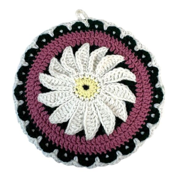Handmade Crochet Daisy Design 3d Spriral Flower Potholder 9” Round Green & Pink - Picture 2 of 4